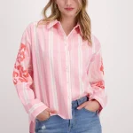 Chic Pink Striped Embroidered Shirt